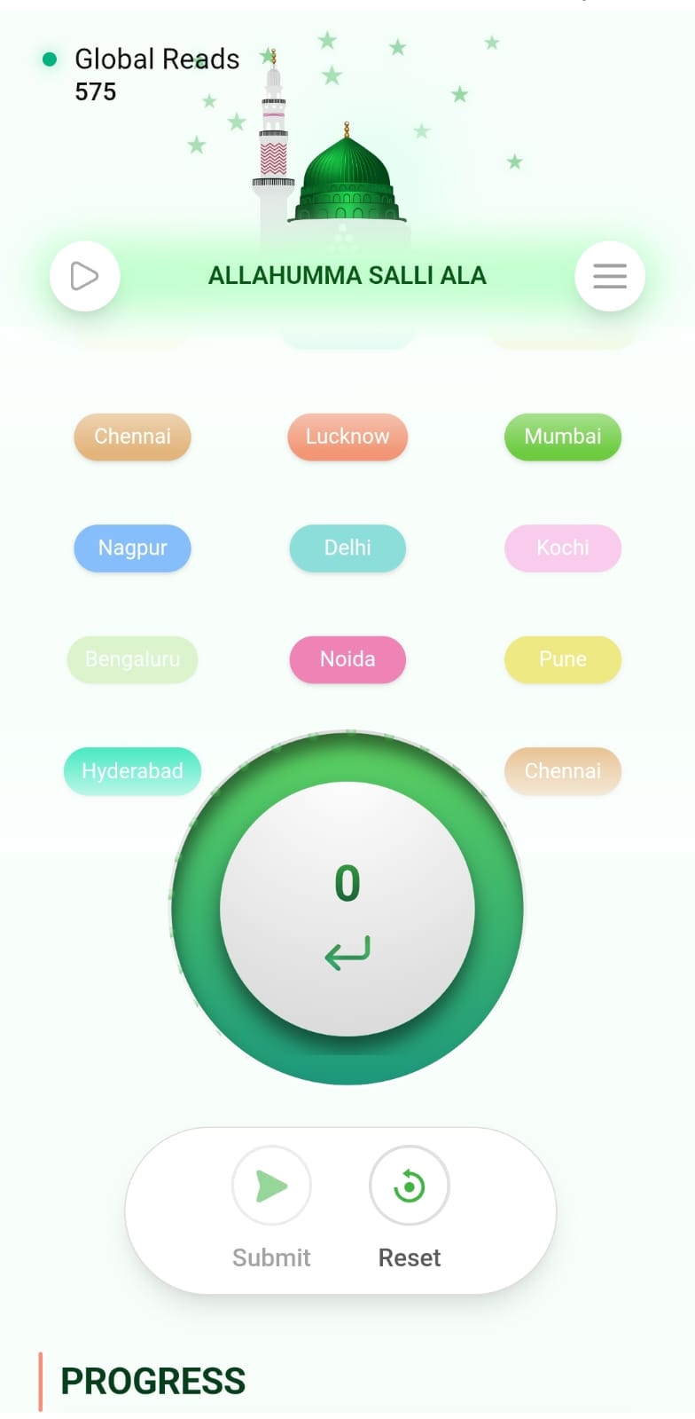 Darood Live home screen with live Tasbeeh counter and city activity